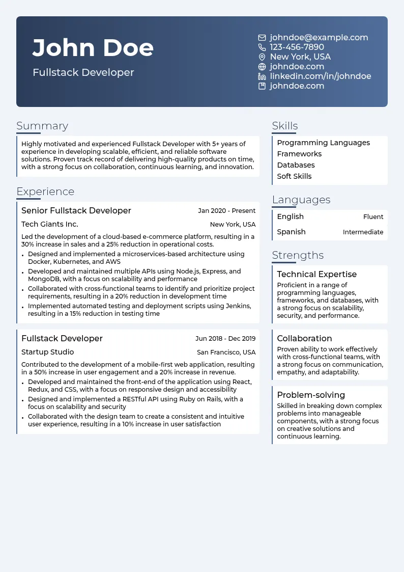 Fullstack Developer resume example