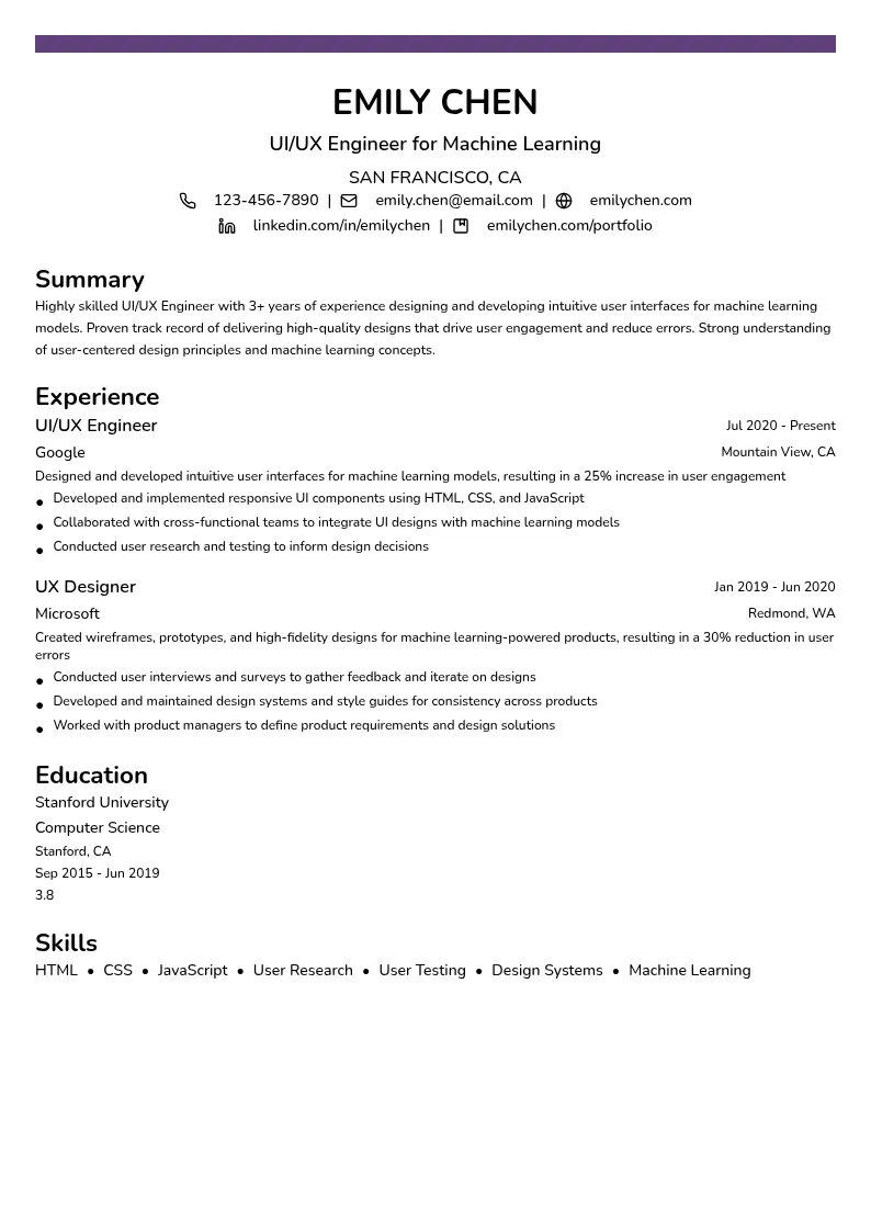 UI/UX Engineer for Machine Learning resume example