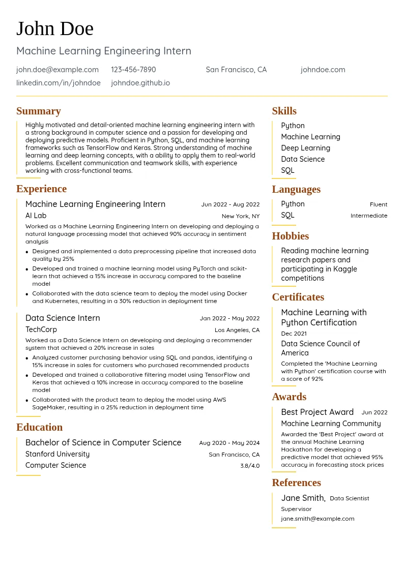 Machine Learning Engineering Intern resume example