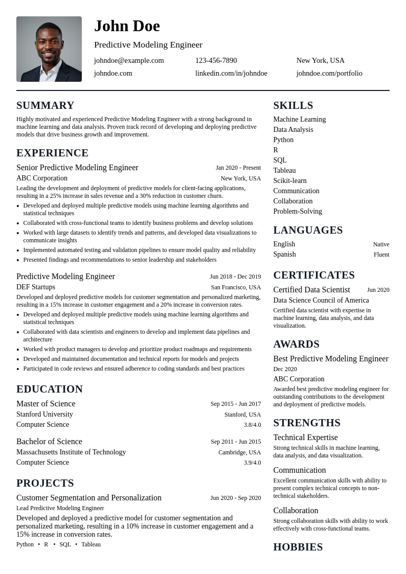 Predictive Modeling Engineer resume example