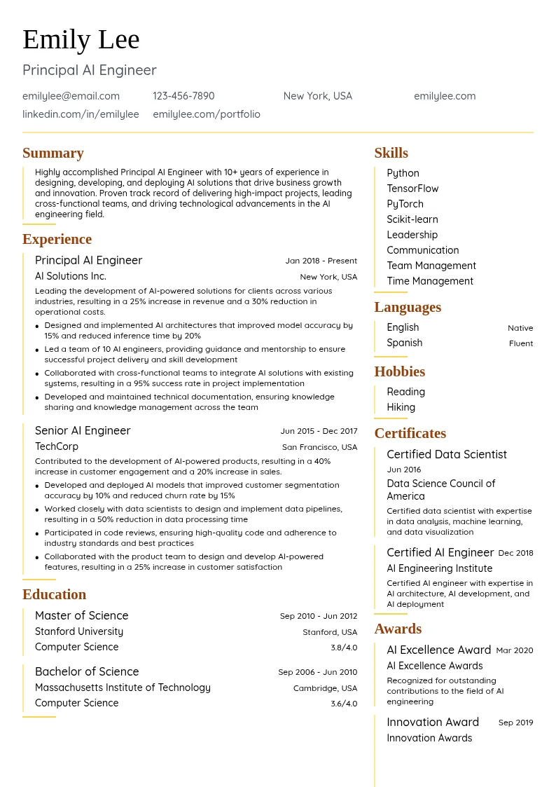 Principal AI Engineer resume example