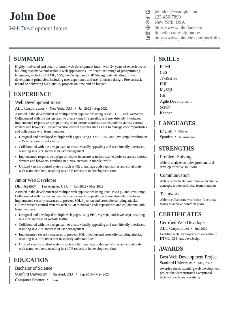 Web Development Intern resume example