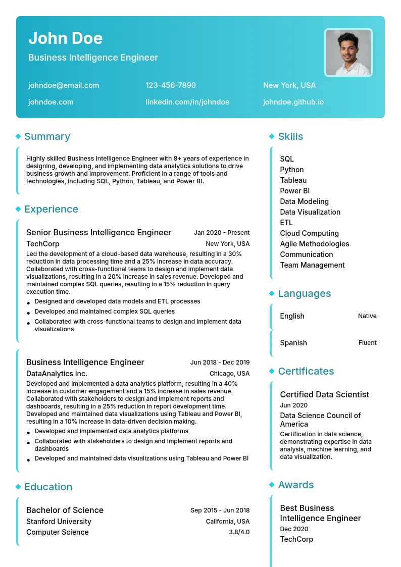 Business Intelligence Engineer resume example