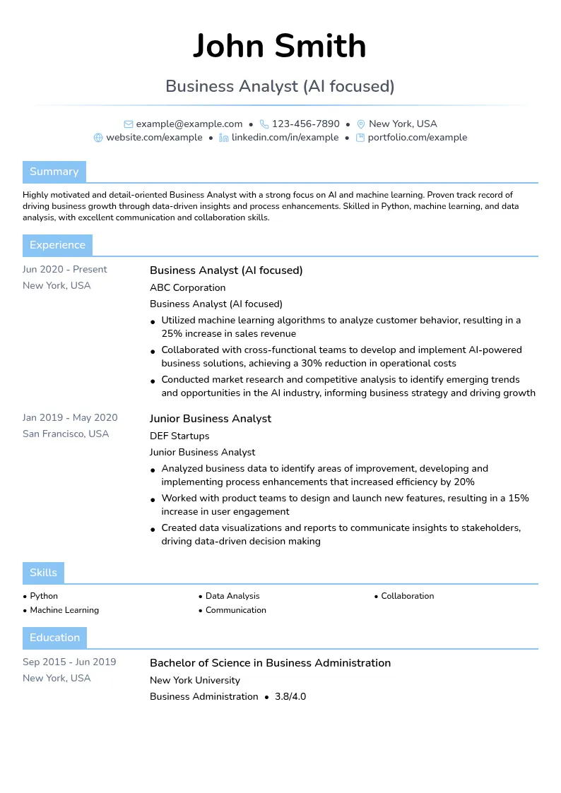 Business Analyst (AI focused) resume example