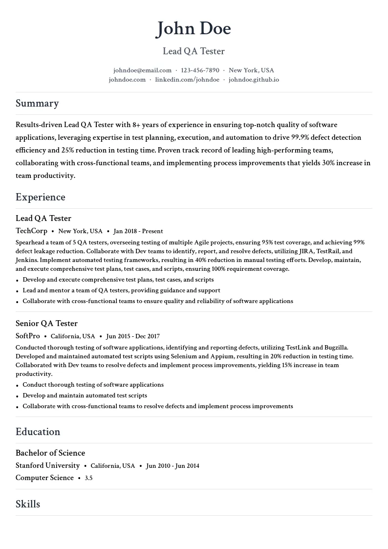 Lead QA Tester resume example