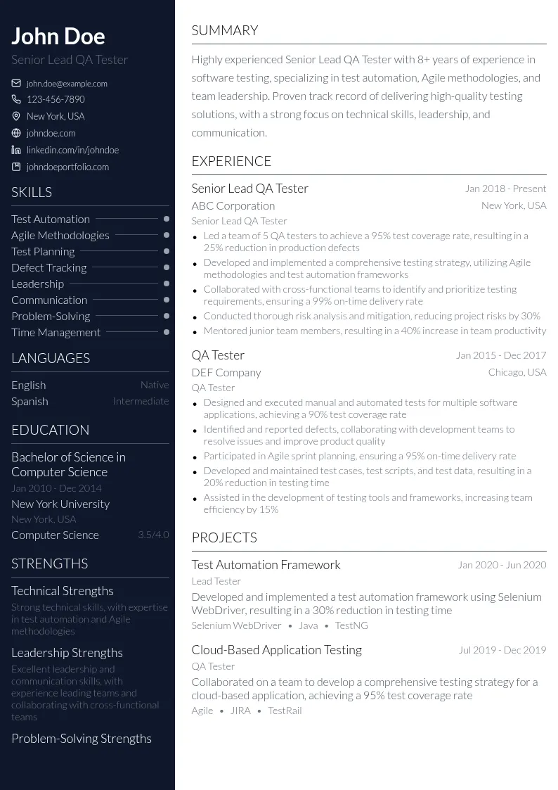 Senior Lead QA Tester resume example