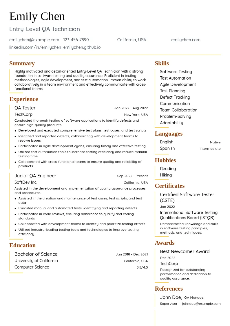 Entry-Level QA Technician resume example