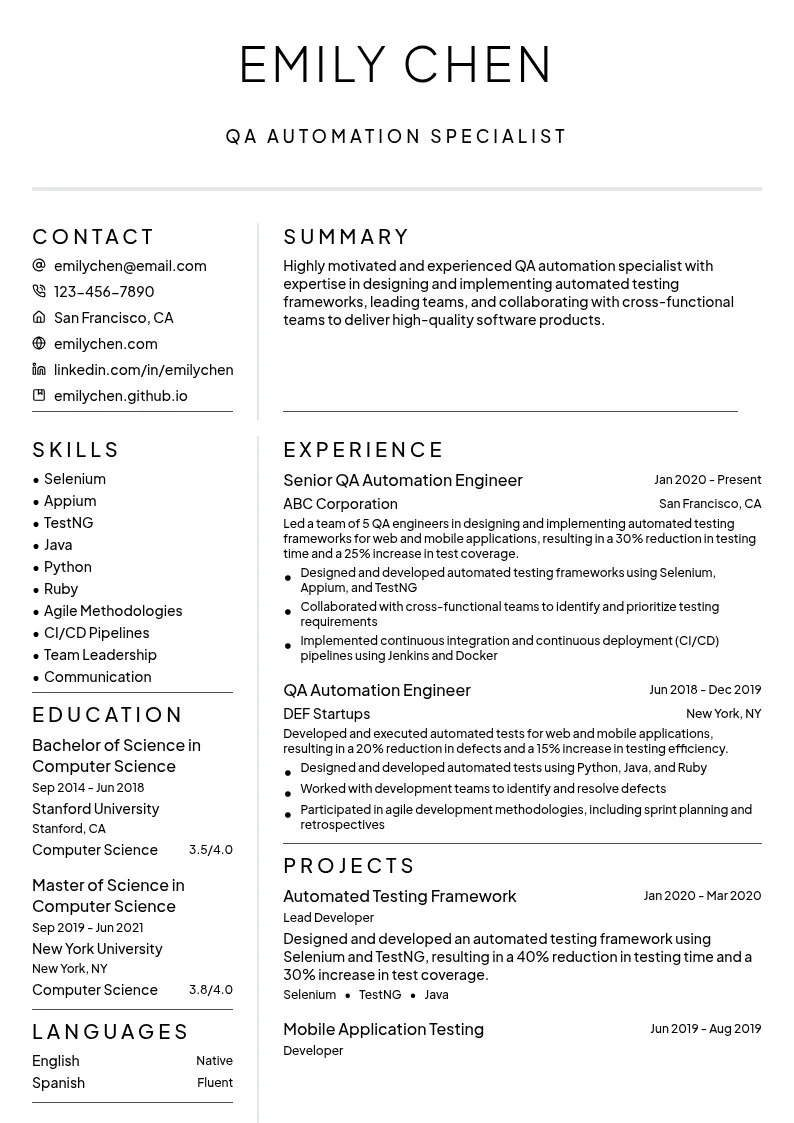 QA Automation Specialist resume example