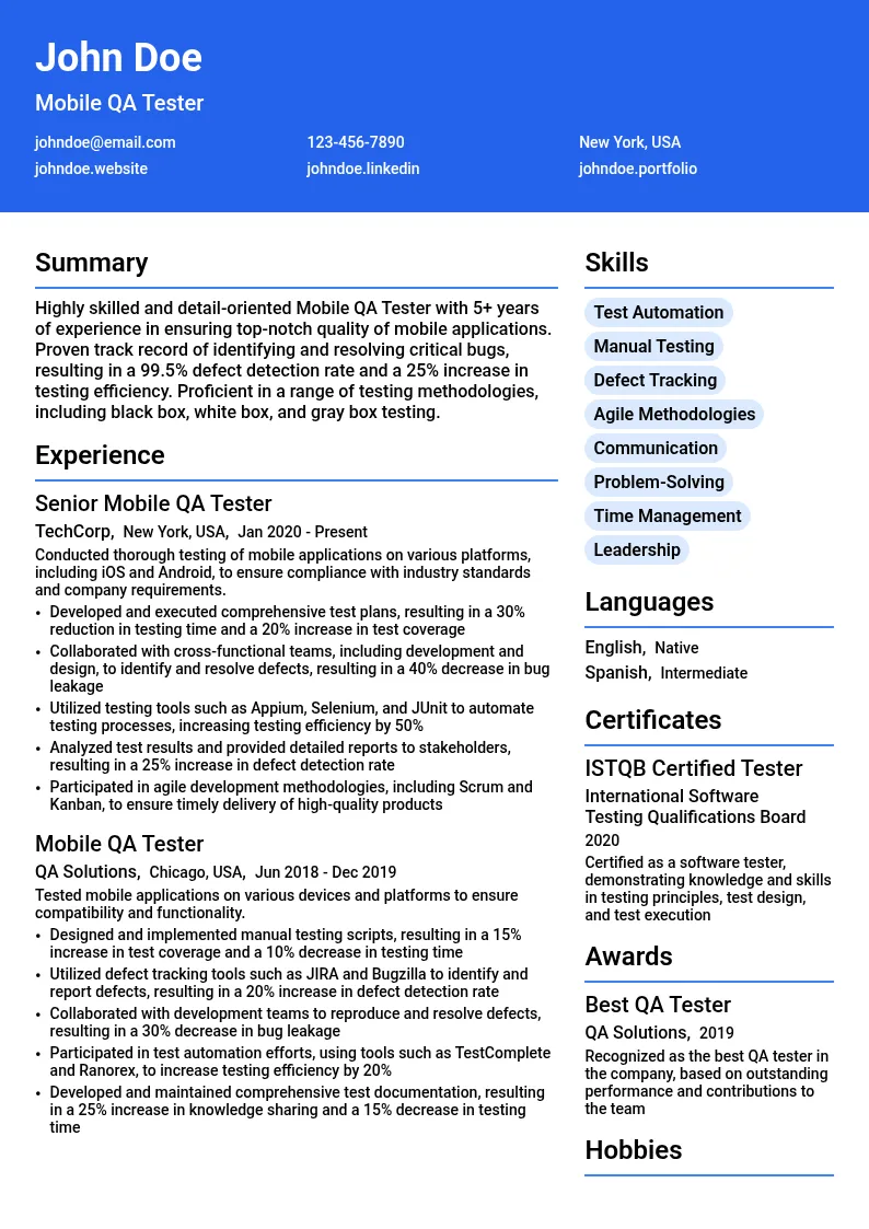 Mobile QA Tester resume example