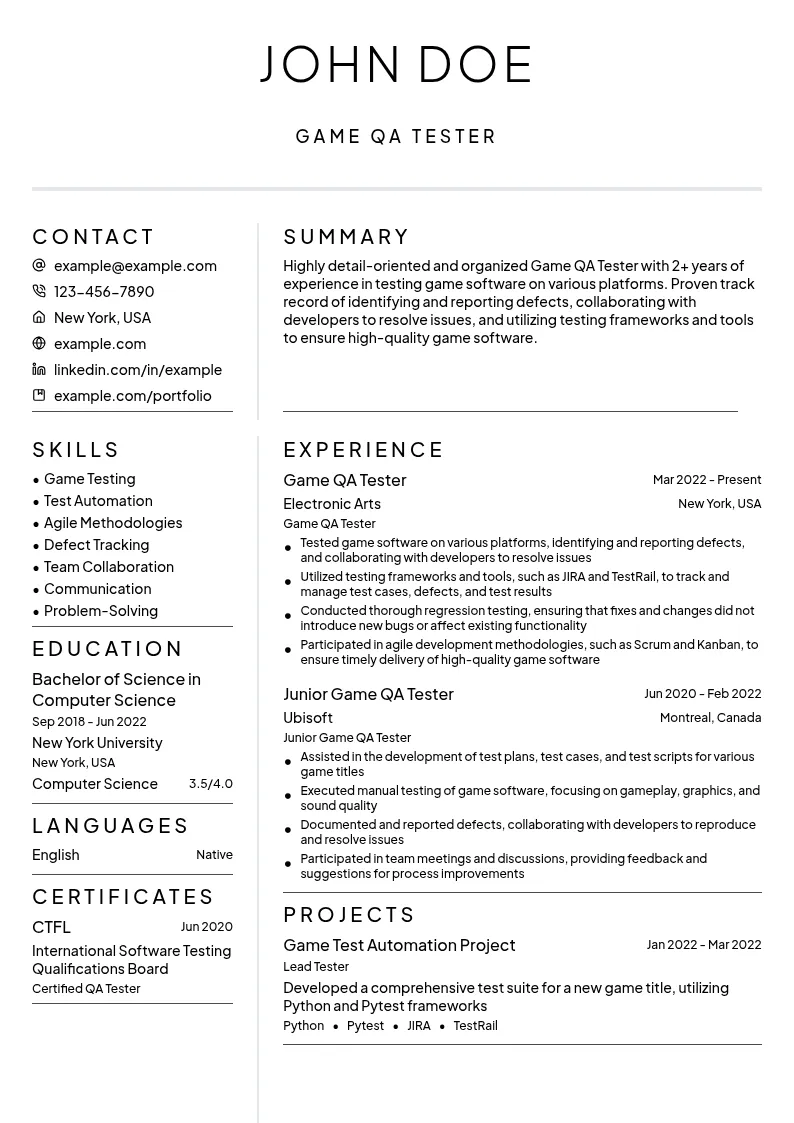 Game QA Tester resume example