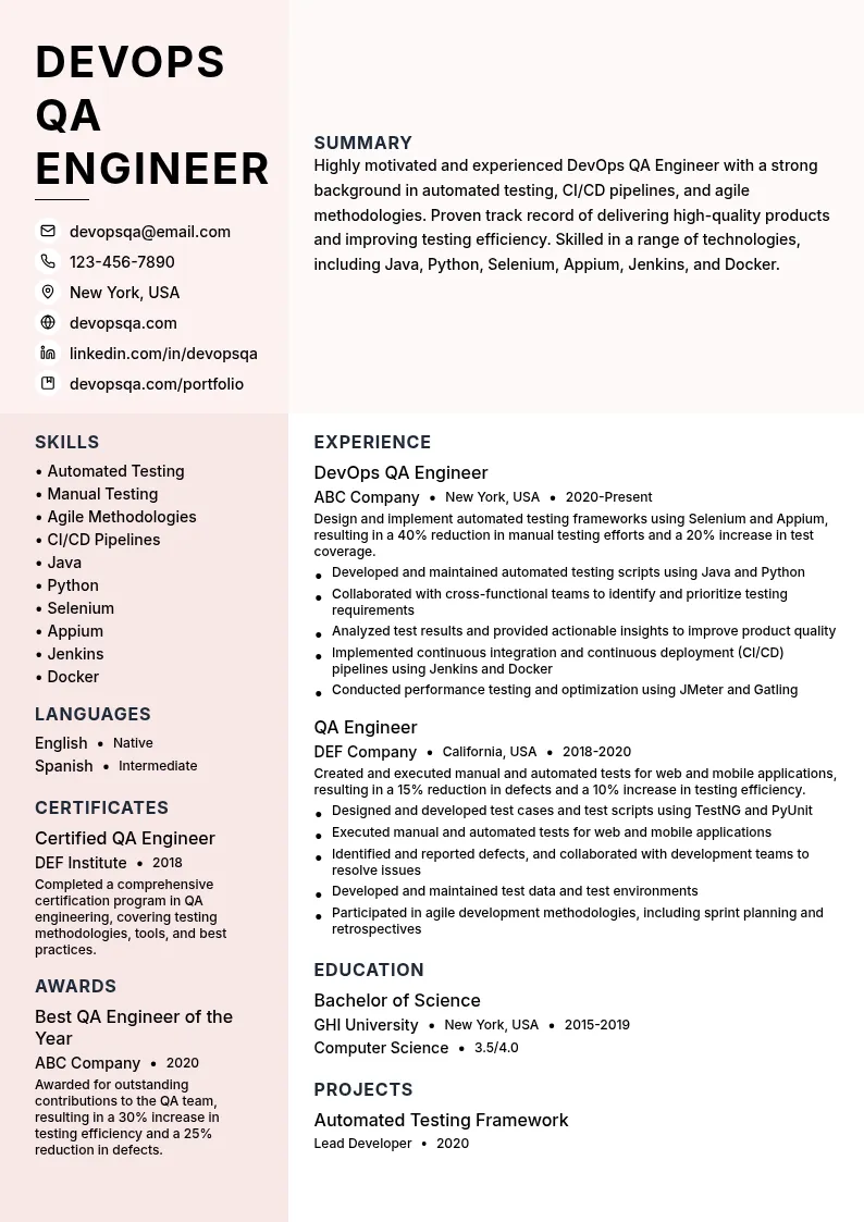DevOps QA Engineer resume example