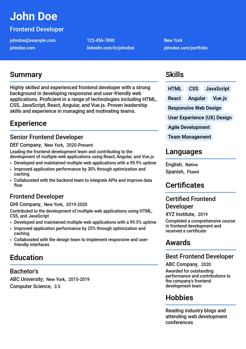 Frontend Developer resume example