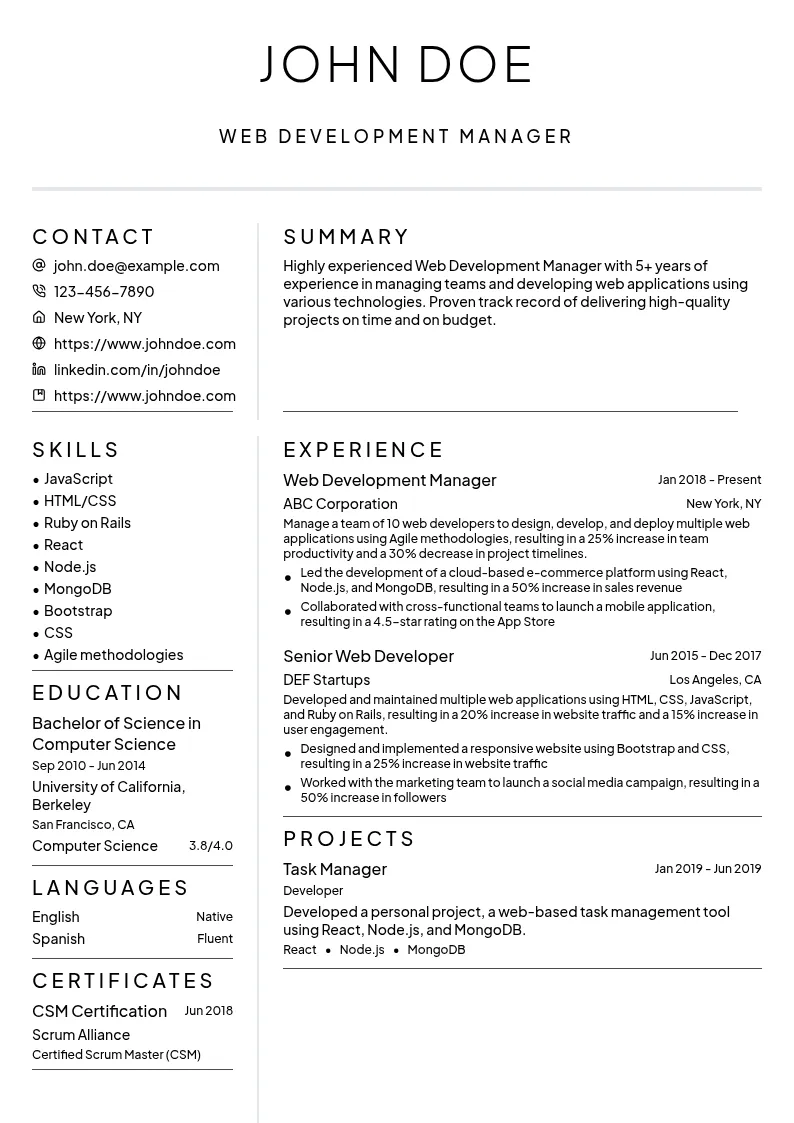 Web Development Manager resume example