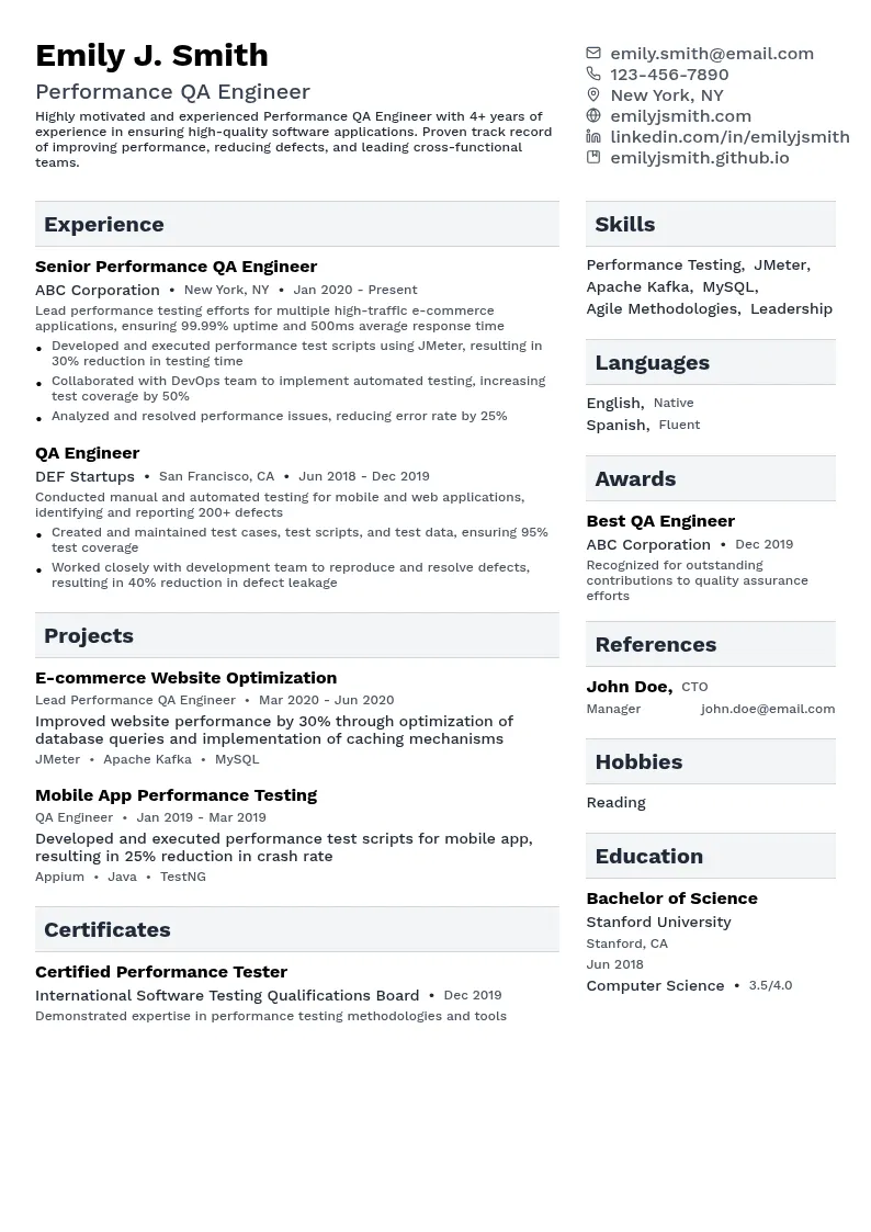 Performance QA Engineer resume example