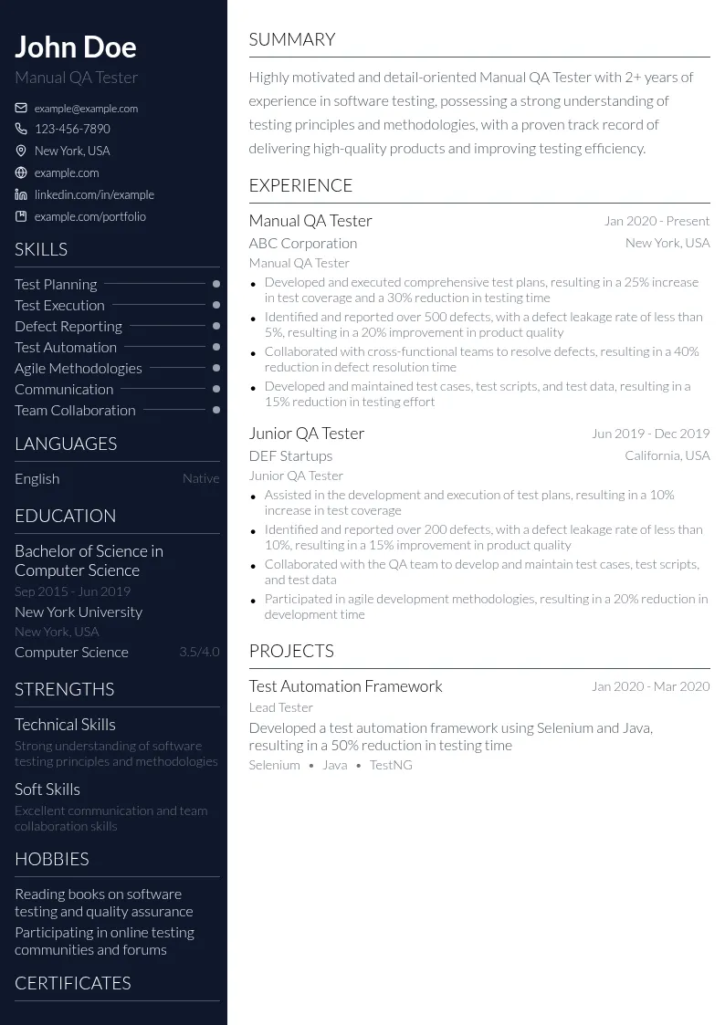 Manual QA Tester resume example