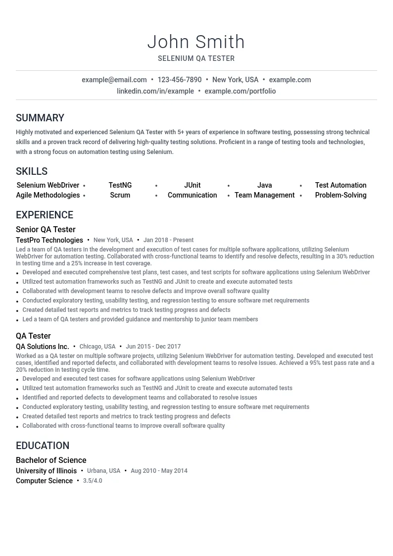Selenium QA Tester resume example
