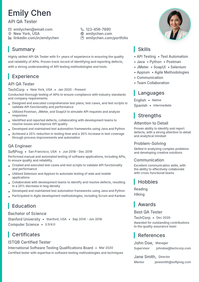 API QA Tester resume example