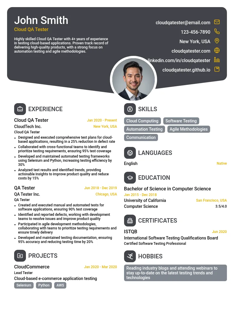 Cloud QA Tester resume example