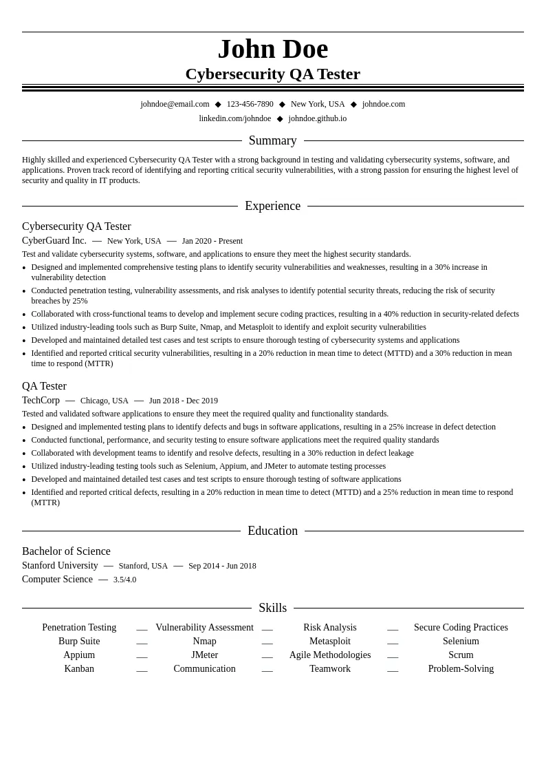 Cybersecurity QA Tester resume example