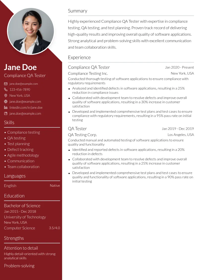 Compliance QA Tester resume example