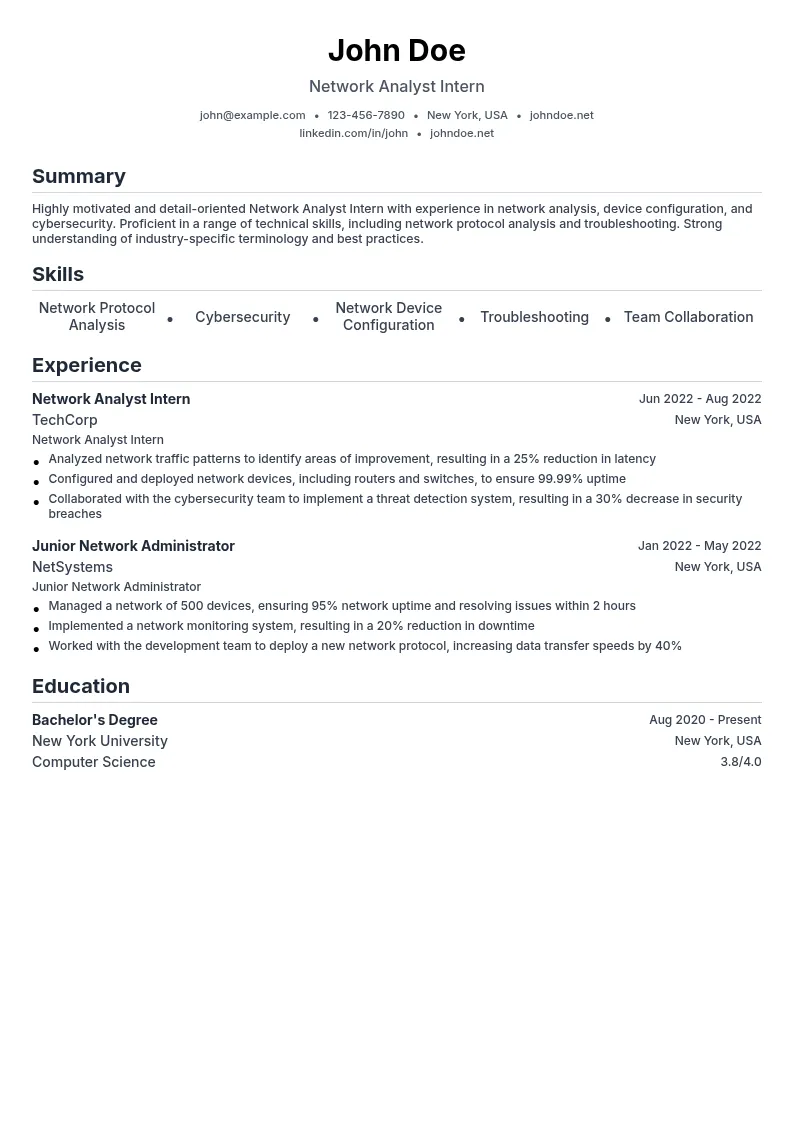 Network Analyst Intern resume example