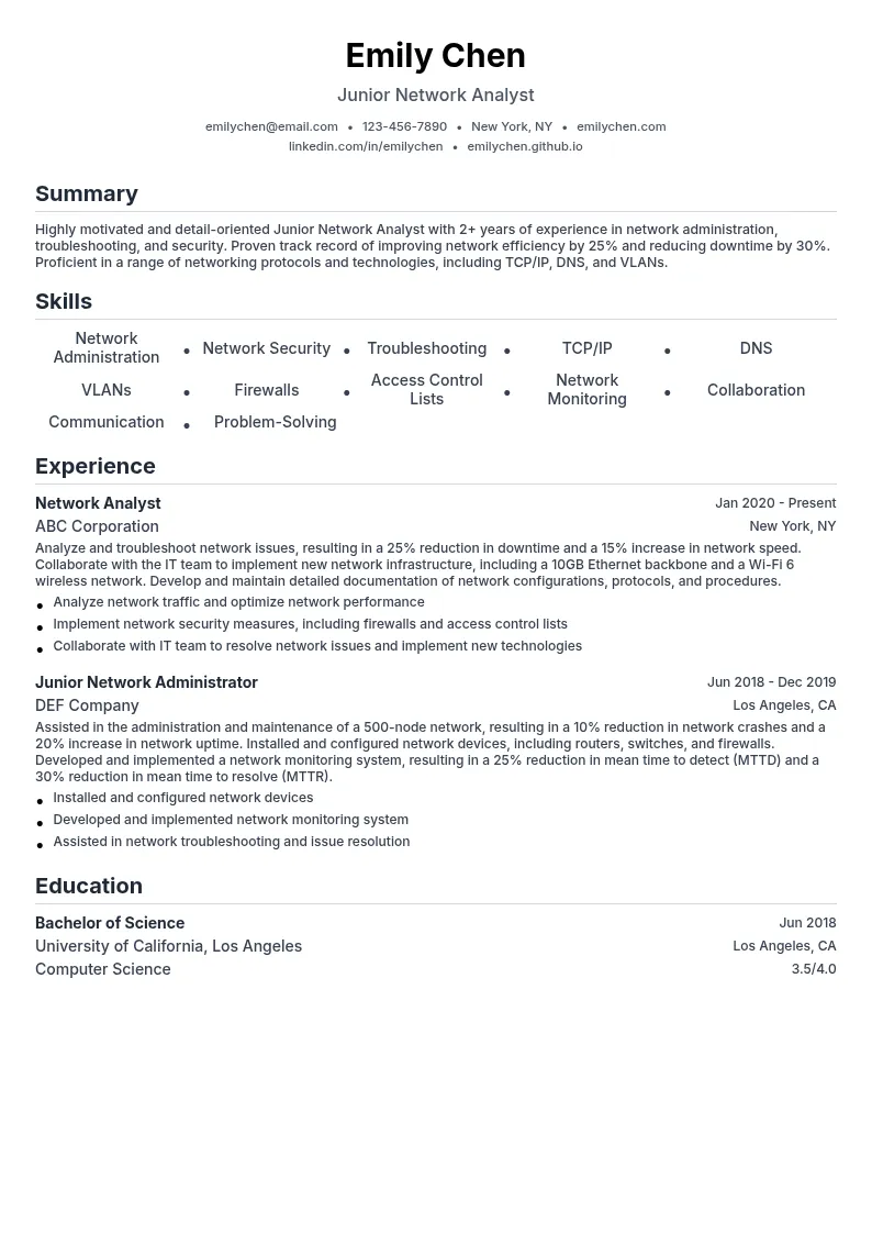 Junior Network Analyst resume example