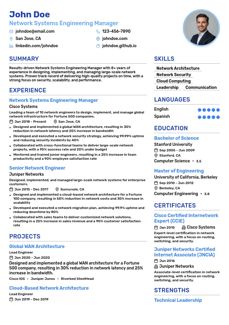 Network Systems Engineering Manager resume example