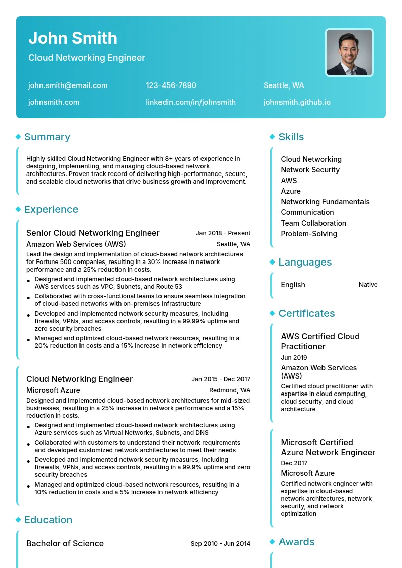 Cloud Networking Engineer resume example