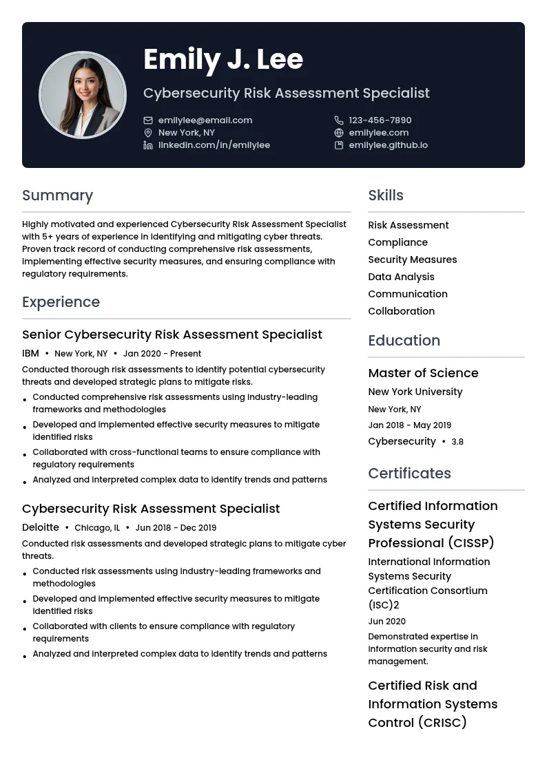 Cybersecurity Risk Assessment Specialist resume example
