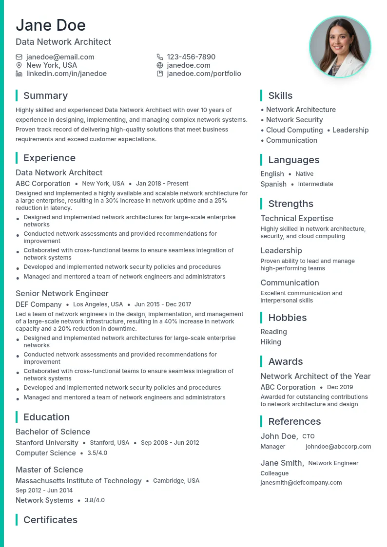 Data Network Architect resume example