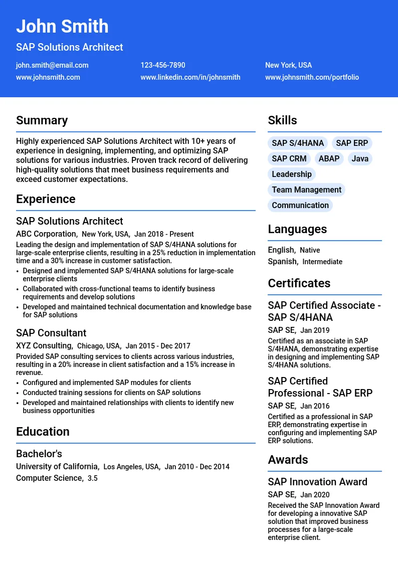 SAP Solutions Architect resume example