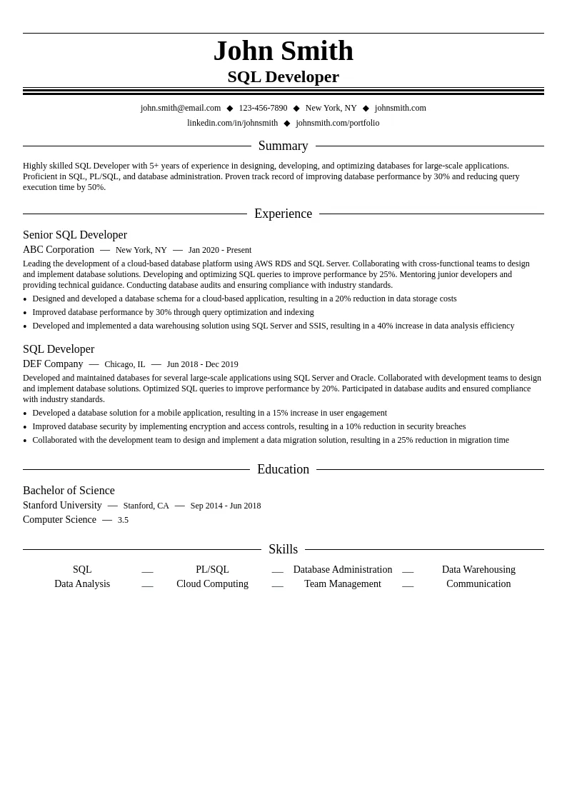 SQL Developer resume example