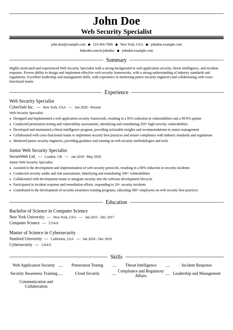 Web Security Specialist resume example