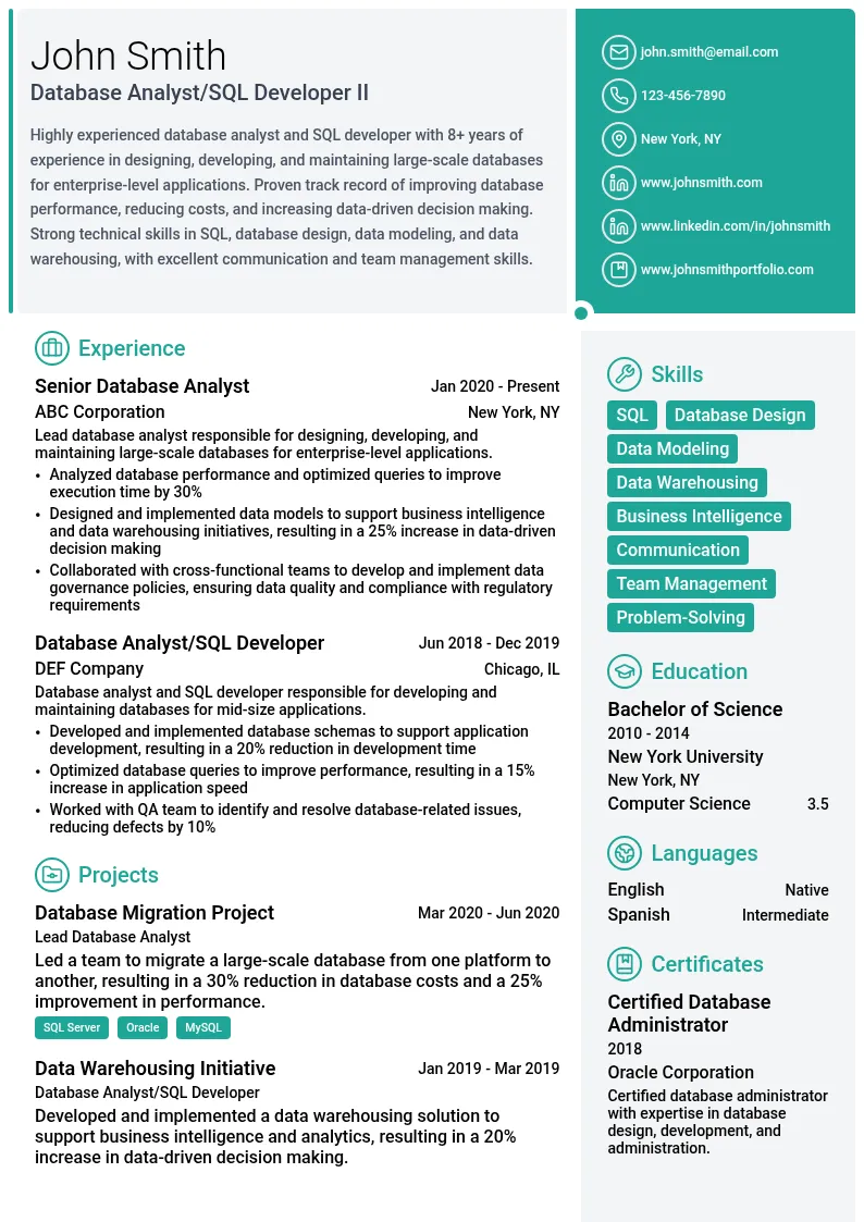 Database Analyst/SQL Developer II resume example