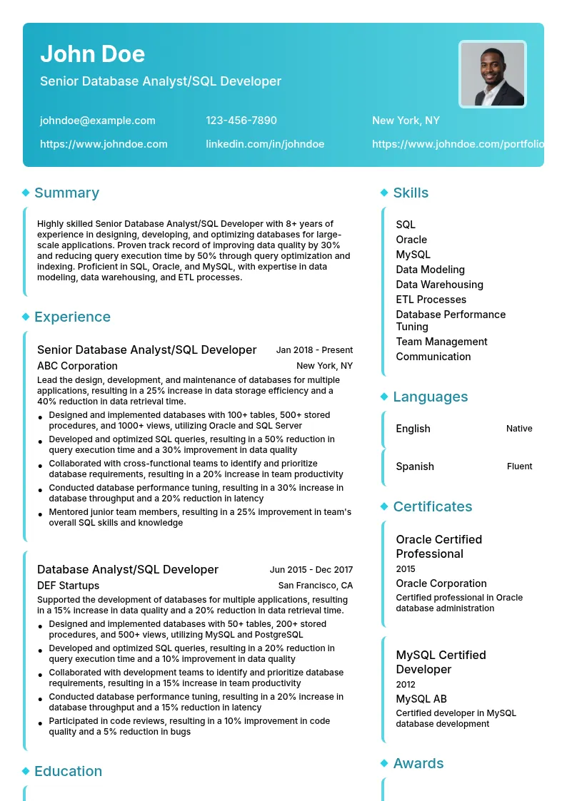 Senior Database Analyst/SQL Developer resume example