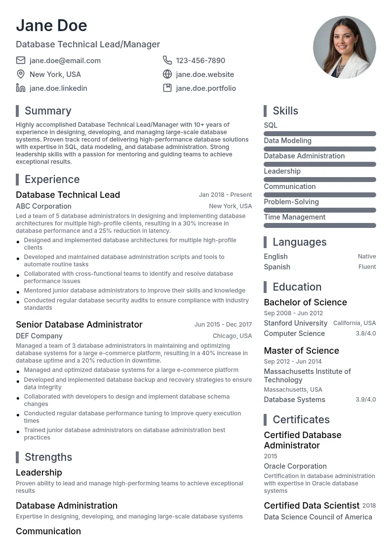 Database Technical Lead/Manager resume example