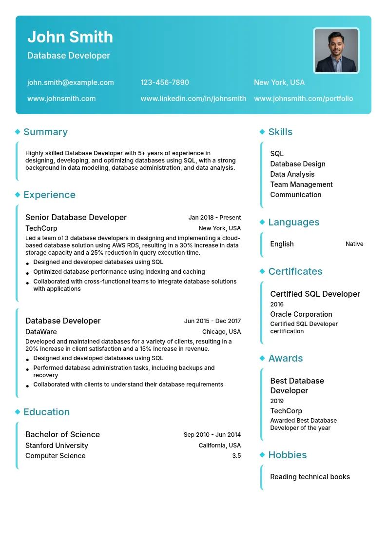 Database Developer (SQL) resume example