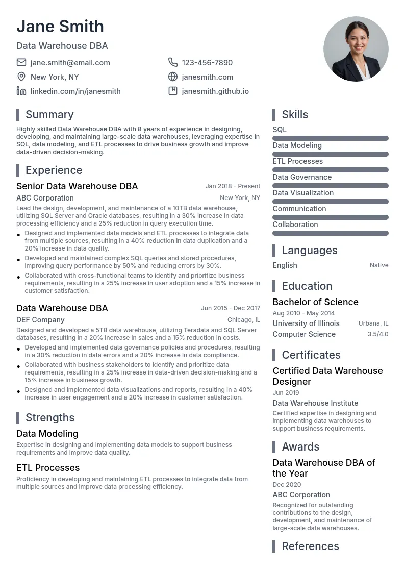 Data Warehouse DBA resume example