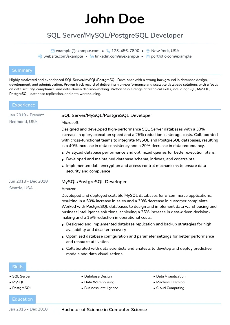 SQL Server/MySQL/PostgreSQL Developer resume example