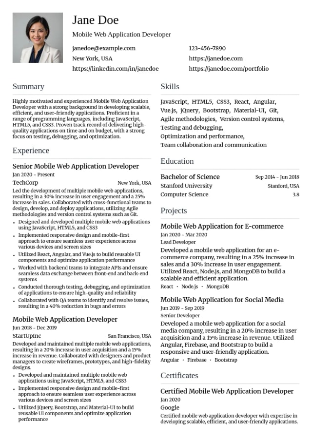 Mobile Web Application Developer resume example
