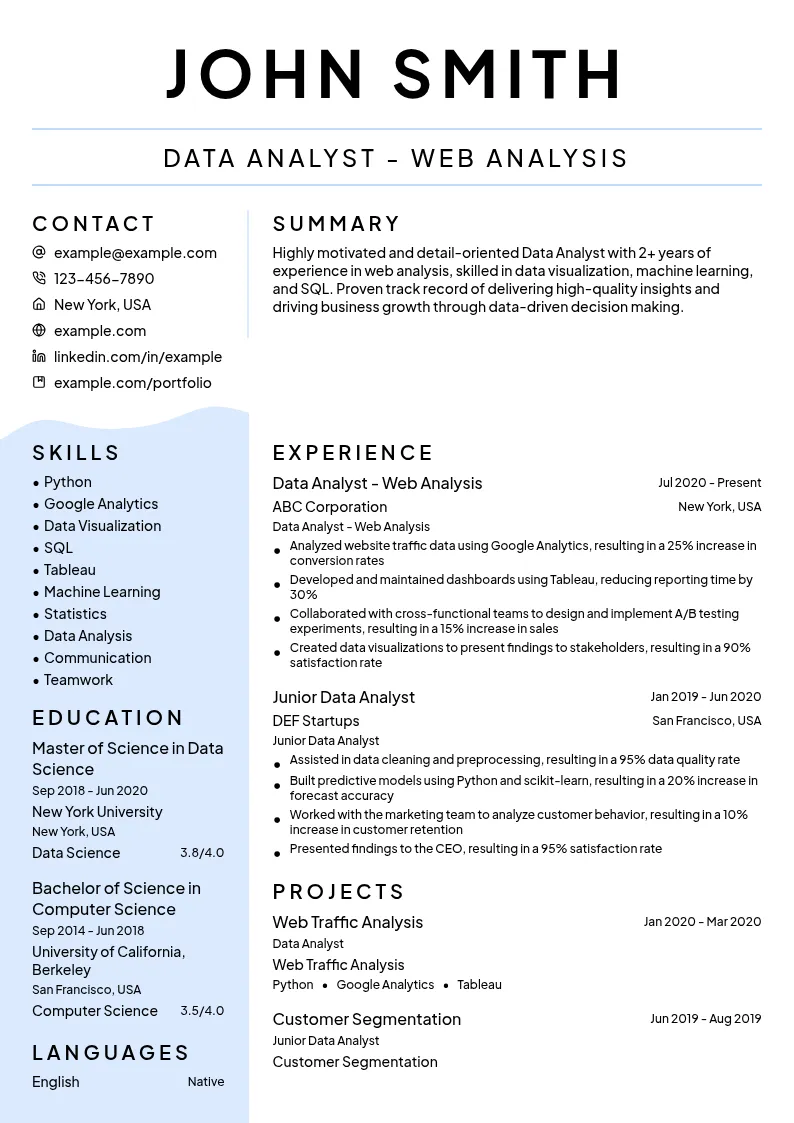 Data Analyst - Web Analysis resume example