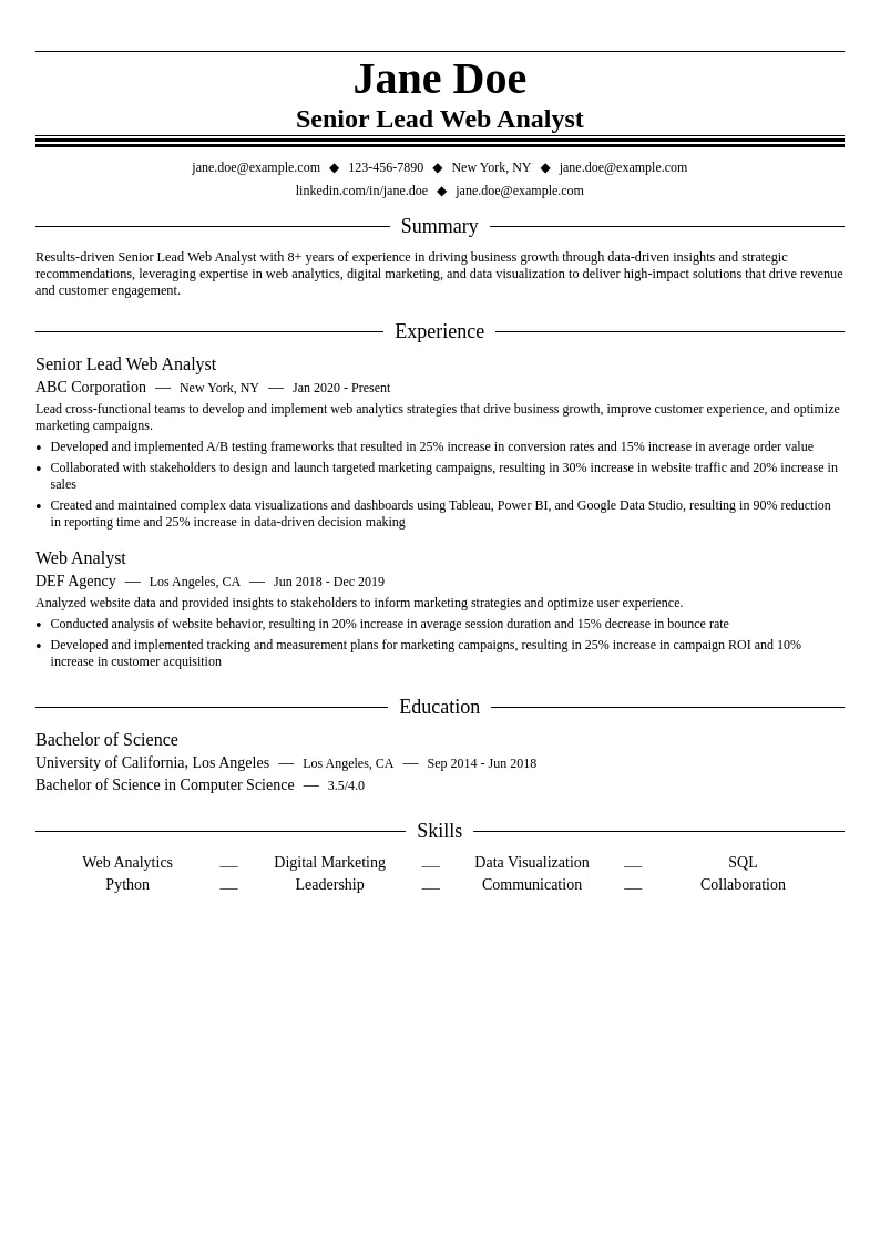 Senior Lead Web Analyst resume example