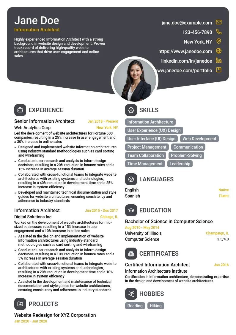 Information Architect - Website resume example