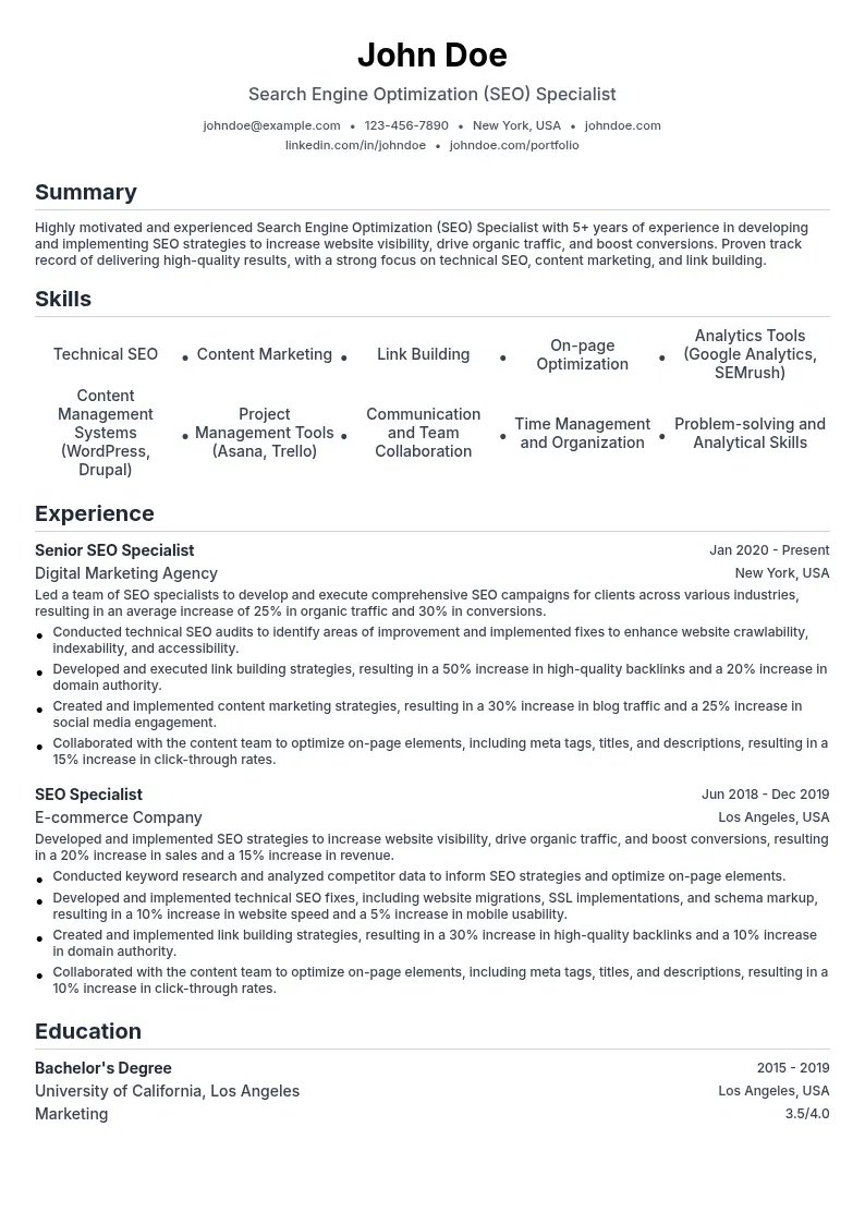 Search Engine Optimization (SEO) Specialist resume example