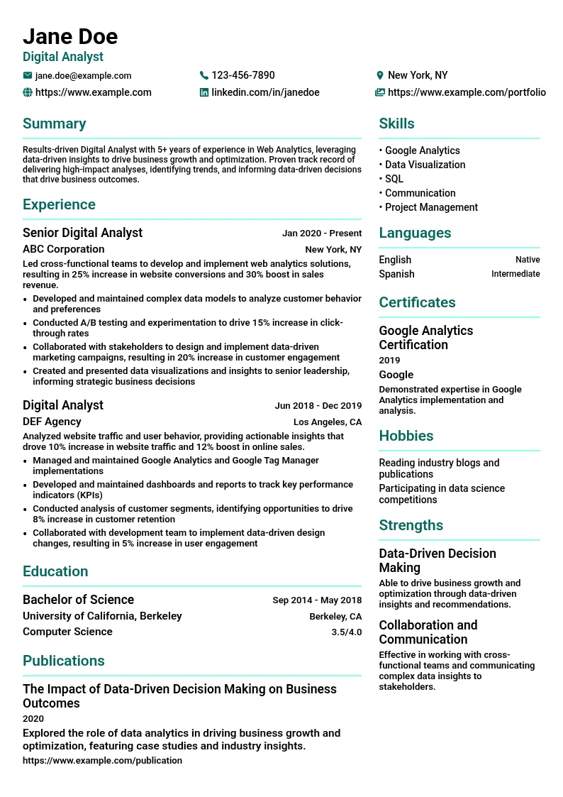 Digital Analyst resume example