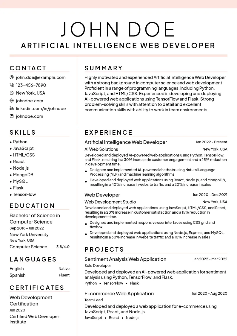 Artificial Intelligence Web Developer resume example