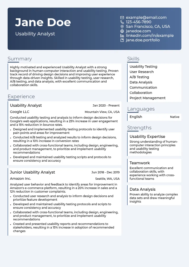 Usability Analyst resume example