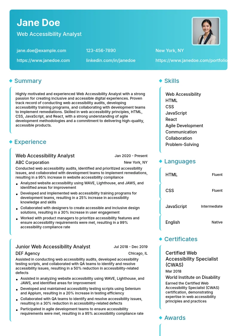 Web Accessibility Analyst resume example