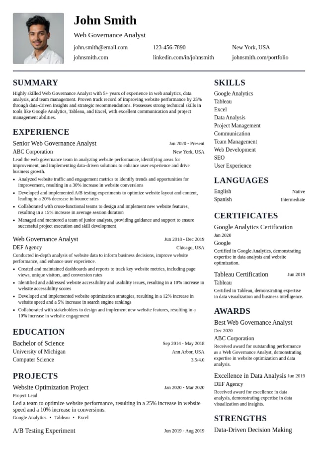 Web Governance Analyst resume example