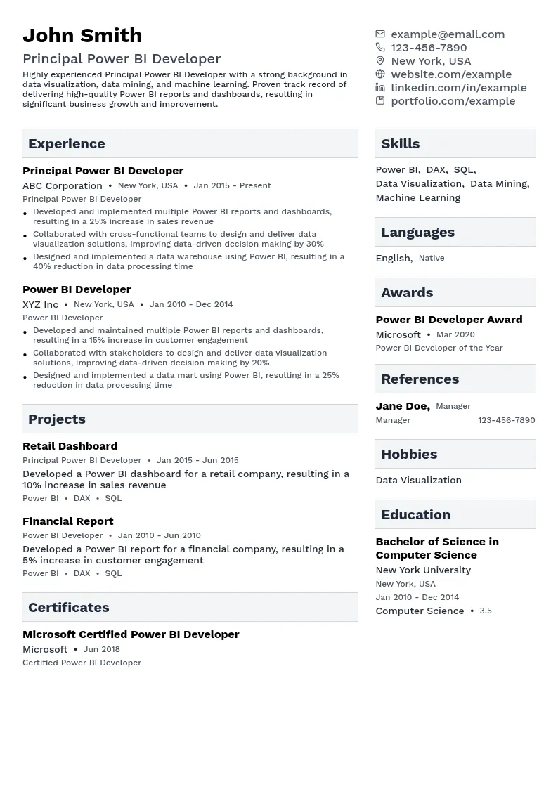 Principal Power BI Developer resume example